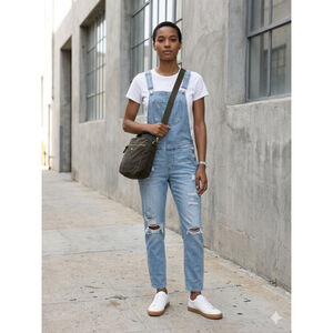 American Eagle Tomgirl Distressed Denim Overalls,Minimalist Utility Look.